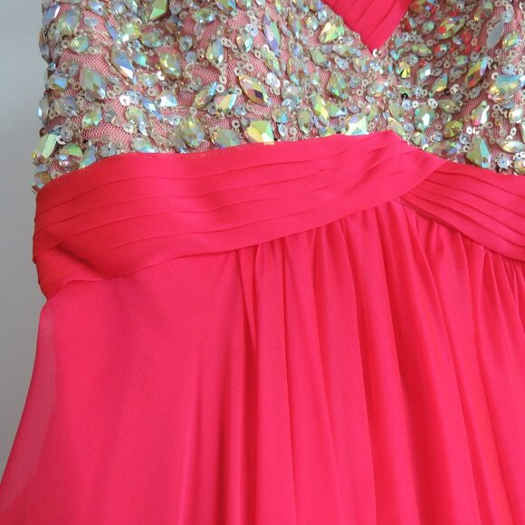 LA FEMME 18733 Beaded Bodice Chiffon Strapless Maxi Prom Dress Watermelon 4 NWT - Picture 6 of 16
